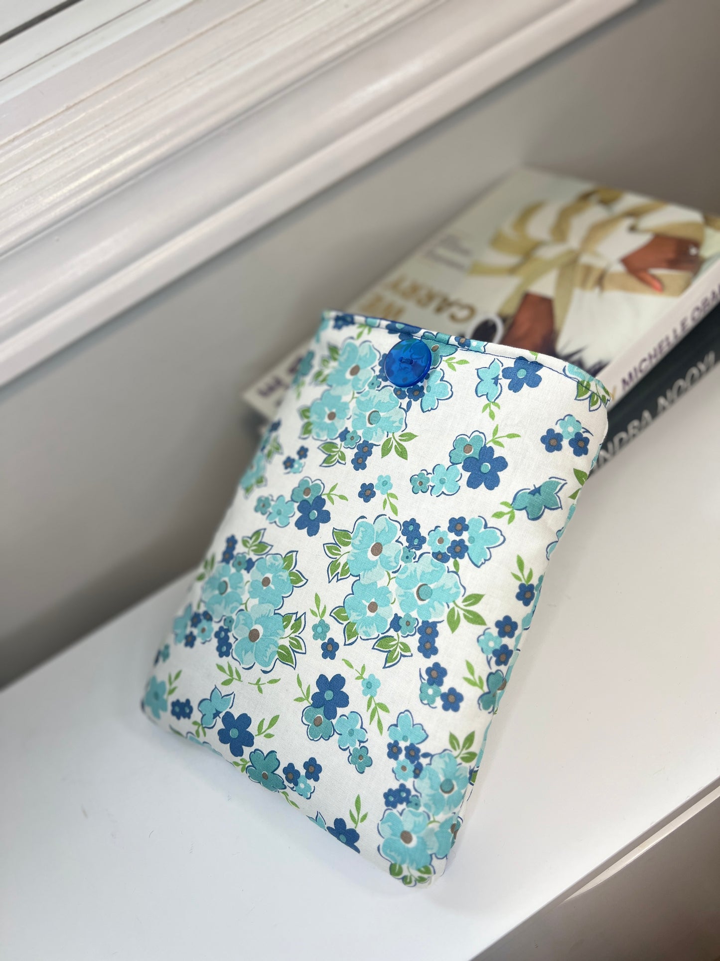 Read & Go Blue Floral Book/E-Reader Sleeve – Handmade, Protective & Stylish