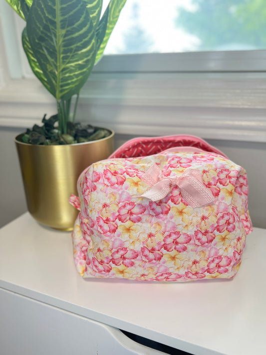 Busy Beauty Pink Floral Makeup Bag | Handmade & Personalized Travel Toiletry Pouch
