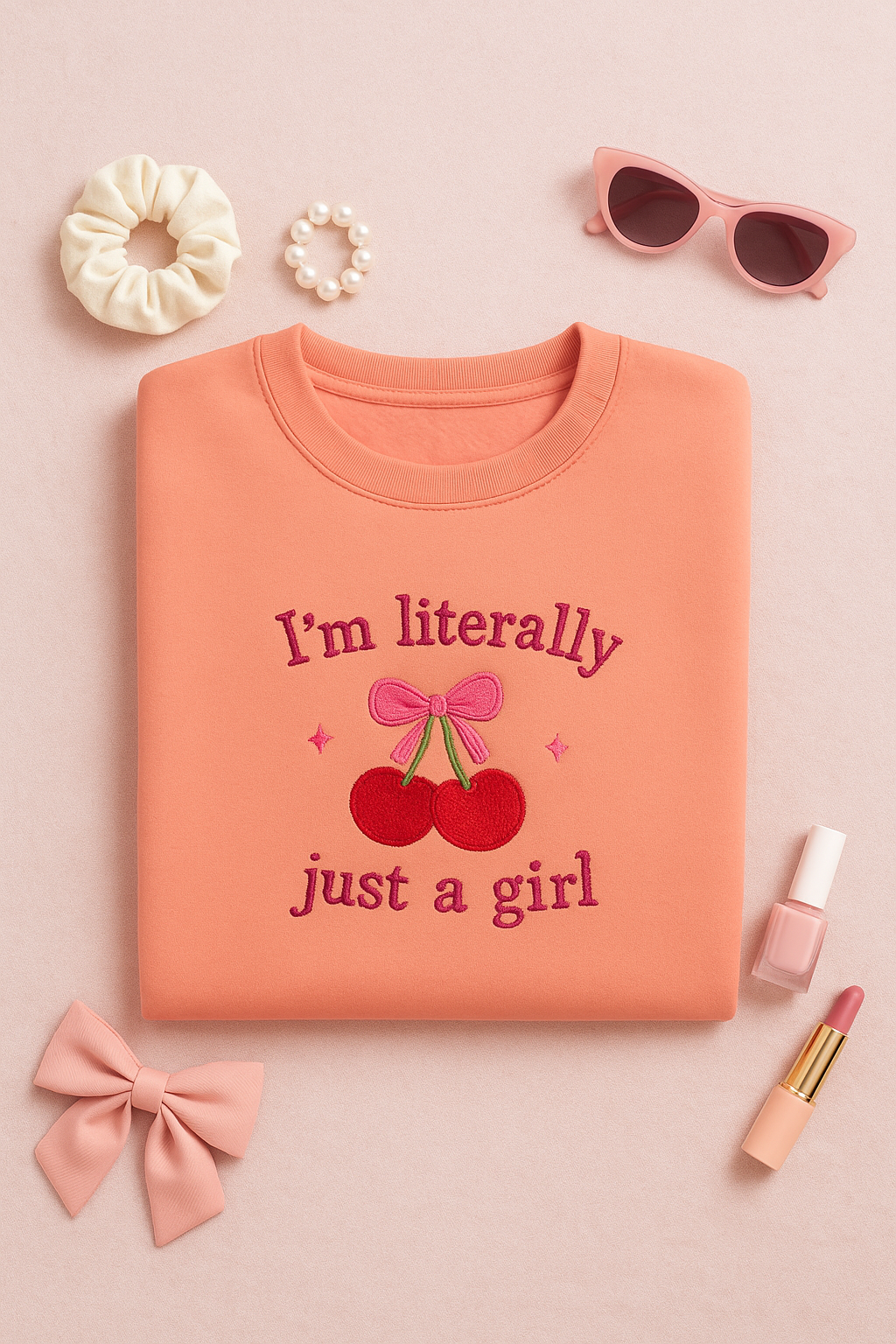 I am Literally Just a Girl Embroidered Sweatshirt- Cute Cherry Aesthetic Pullover for Women & Teens | Soft Cozy Crewneck