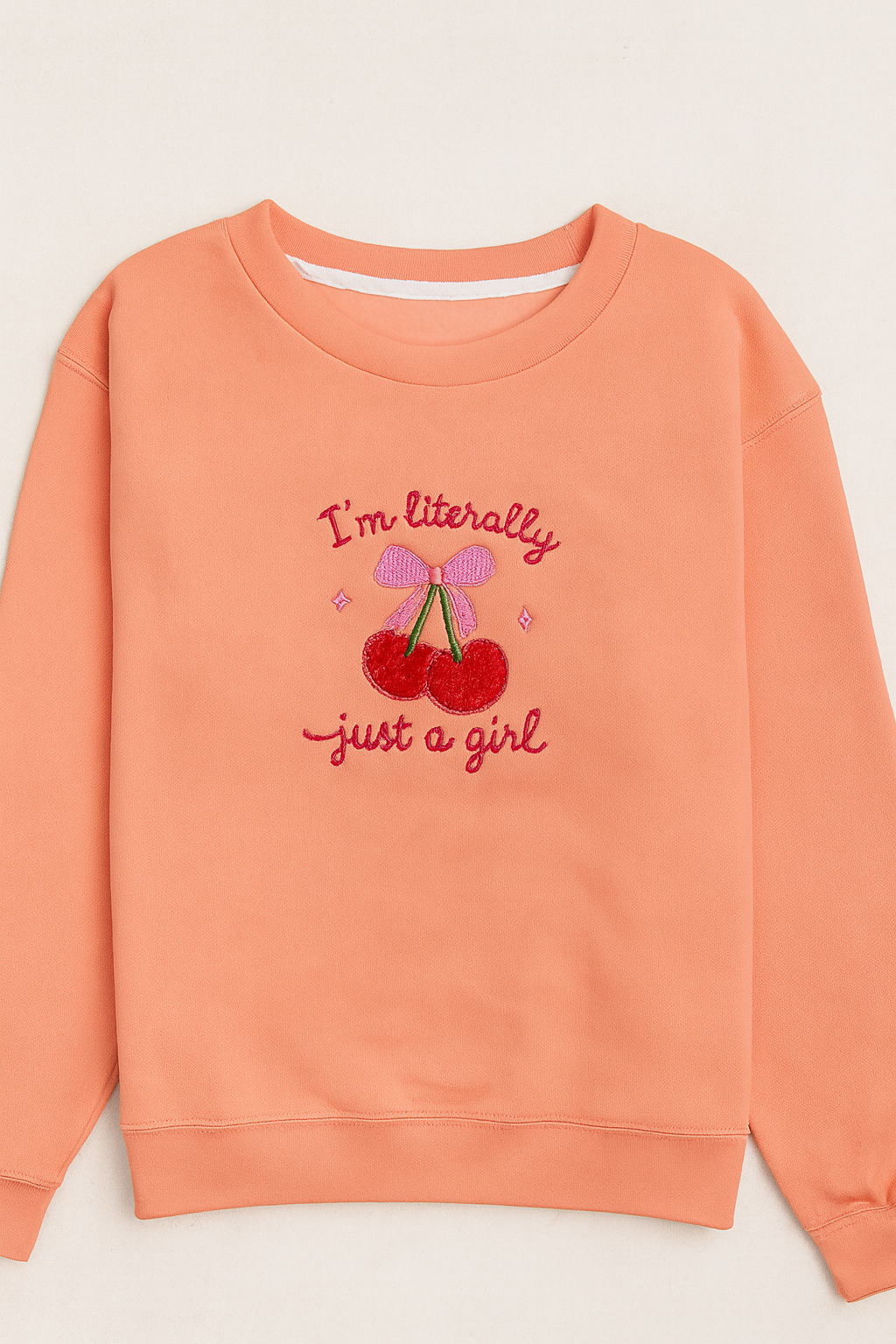 I am Literally Just a Girl Embroidered Sweatshirt- Cute Cherry Aesthetic Pullover for Women & Teens | Soft Cozy Crewneck