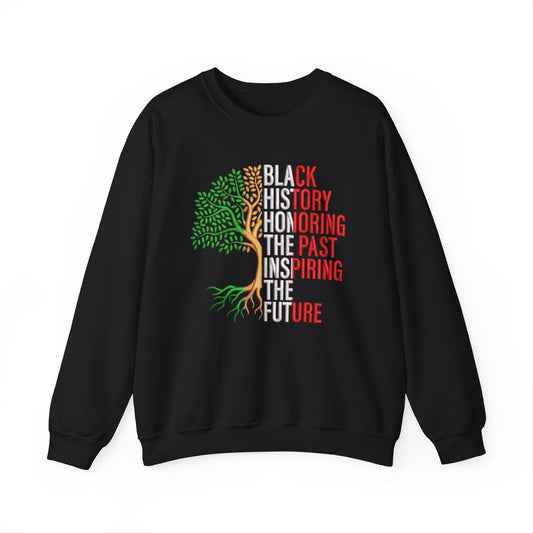 Black sweatshirt with a tree design and text on a white background