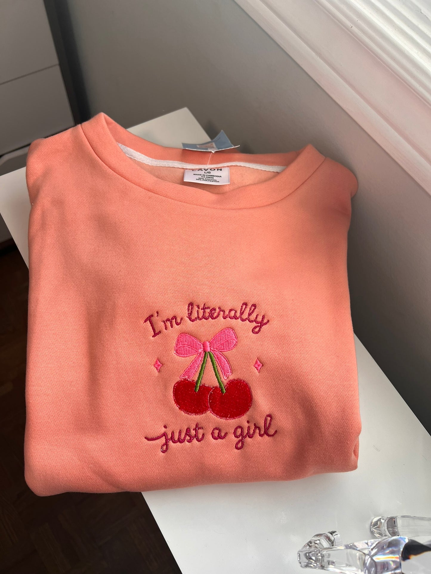 I am Literally Just a Girl Embroidered Sweatshirt- Cute Cherry Aesthetic Pullover for Women & Teens | Soft Cozy Crewneck