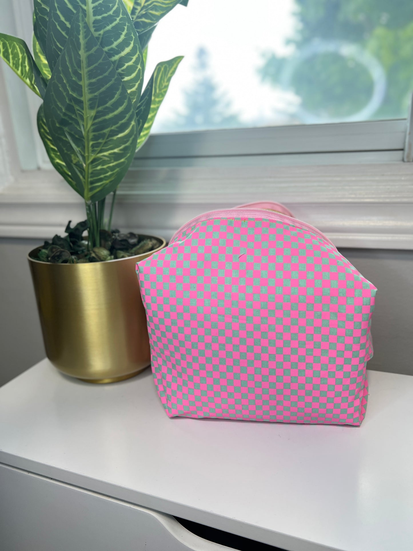 Get-Ready Pink Gingham Makeup Bag | Handmade & Personalized Travel Toiletry Pouch