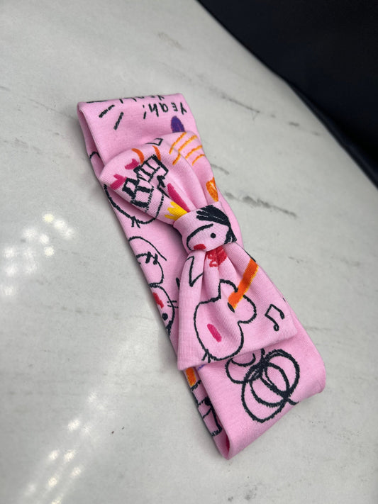 Handmade Pink Headband with Black Doodle Print | Adjustable Wire Bow Hair Accessory for Girls | Soft Fabric Knot Headwrap