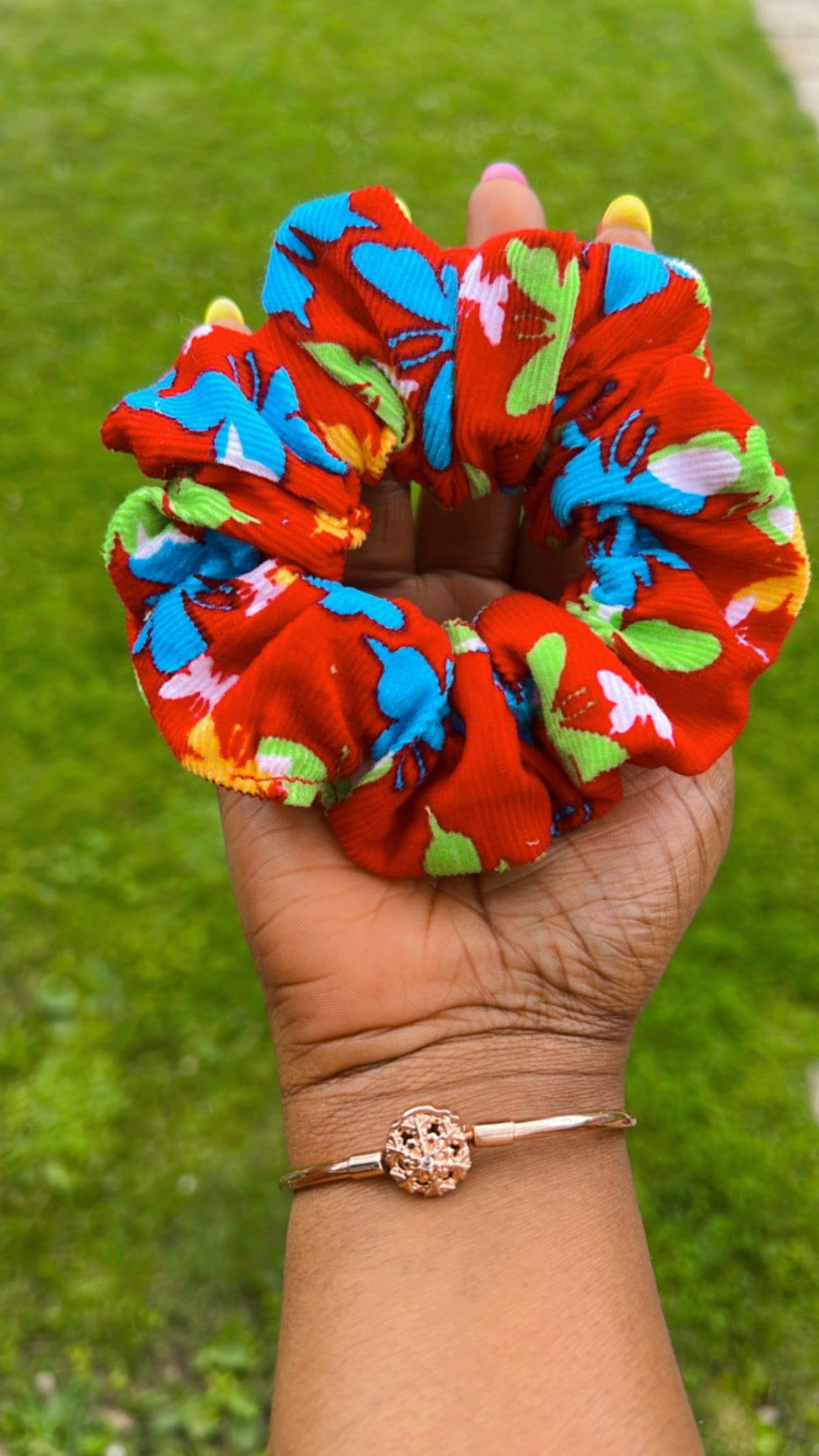 Handmade Red Floral Corduroy Scrunchie for Dancers | Elegant Hair Accessory for Ballet, Bridal Showers & Special Occasions